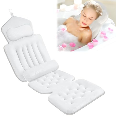 Bathtub Pillow Full-body Bath Pillow, Bathtub Pillow with Neck and Lumbar Cushions, Bathtub Mat with Headrest Supports Neck and Back for Daily Relaxation and Stress Relief White