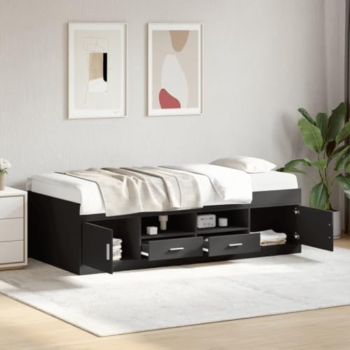 Zeehear Black Engineered Wood Daybed Frame, 90x190 cm Single Platform Bed with 2 Storage Drawers, Sturdy Plywood Slats, Versatile Sofa & Sleeping Solution for Bedroom, Living Room