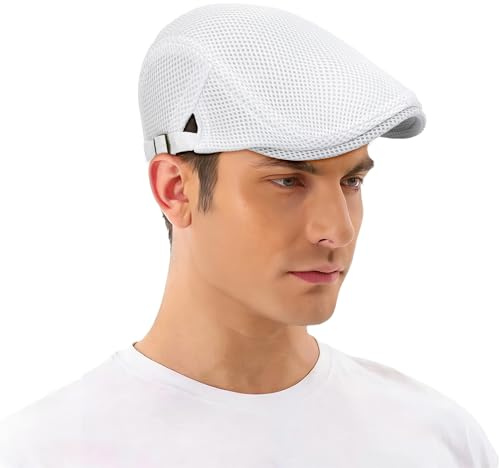XULIDEONG Cappello Basco Uomo Estivo, Coppola Uomo Estiva, Estate Berretto Piatto, Berretto Estivo Traspirante, Coppola Flat cap, in Rete Regolabile, Adulti, per Vacanze, Viaggi e Spiaggia (Bianco)