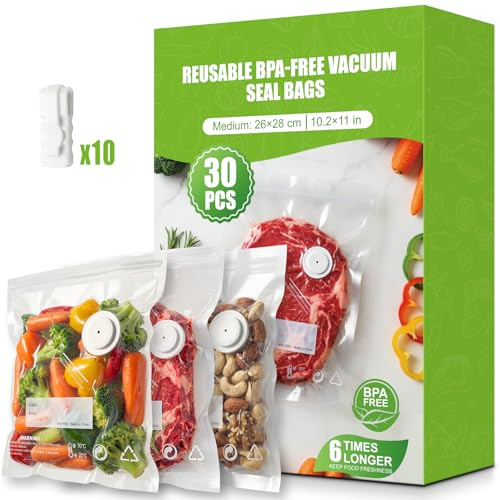 Babacom 30 Beutel wiederverwendbare Vakuumierbeutel lebensmittel mit Luftventil - Mittel (26 x 28 cm), BPA-freie Profi Vakuumierfolie, Frischeversiegelung für Gefrierer, Mikrowelle, Sous Vide Kochen