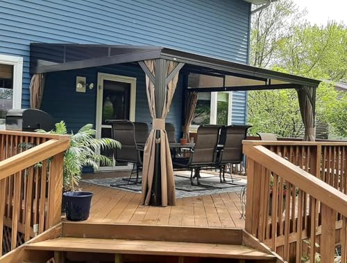 Domi 3,6 × 4,17 m Anbaupavillon, wandmontierter Pavillon mit festem Dach, verzinktes Stahldach mit Regenrinnen, inkl. Vorhänge und Moskitonetze, Metall-Überdachung für Terrasse & Garten