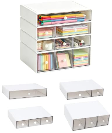 AmoreTempo 4-stöckige Aufbewahrungsbox mit 9 Schubladen für Schreibwaren | Stapelbare Schreibtisch Durchsichtiger Aufbewahrungsbehälter für Make-up, Schmuck, Büro & Bastelbedarf, Weiß