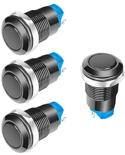 Gebildet 4 pezzi Interruttori a Pulsante Impermeabili Neri da 12mm, 3A 12V/24V/125V/250V CA, Interruttore a Pulsante con Blocco in Rame Nichelato Acceso-Spento(Testa Piatta)