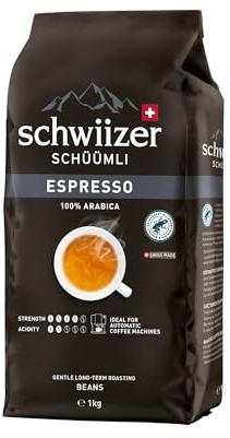 Schwiizer Schüümli Espresso, 100% Arabica Kaffeebohnen, kräftig-intensiv, ideal für Vollautomaten, Stärke 4/5, mittlere Röstung, Rainforest Alliance, 1kg