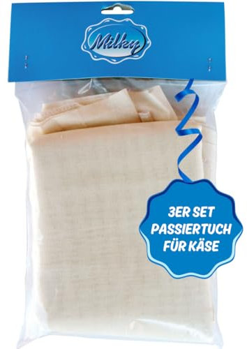 Milky 3er Set Käsetuch 50x50 cm – Passiertuch für die Käseherstellung – Fein gewebte Mulltücher für optimale Molketrennung – Wiederverwendbares & lebensmittelechtes Abseihtuch (3er Set)