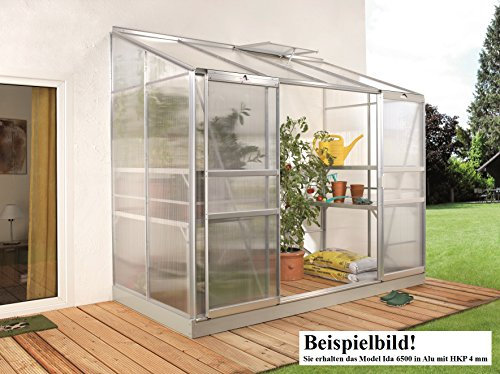 Gartenwelt Riegelsberger Anlehngewächshaus Ida - Ausführung: 6500 HKP 4 mm Alu, Fläche: ca. 6,5 m², mit 2 Dachfenster, Sockelmaß: 1,90 x 3,17 m