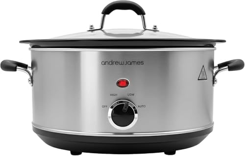 Andrew James 3.5L Slow Cooker, Removeable Easy Clean Aluminium Crock Pot Bowl, 3 Temperature Settings, Energy Efficient, Tempered Glass Lid, Cool Touch Handles & Non-Slip Feet (Stainless Steel)