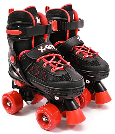 M.Y X-Skate Adjustable Red Quad Roller Skates with Built In Adjusters Kids Roller Boots for Boys & Girls - Medium