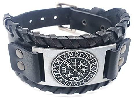 Vikings Armband Vegvisir Wikinger Kompass Leder Metall schwarz silber