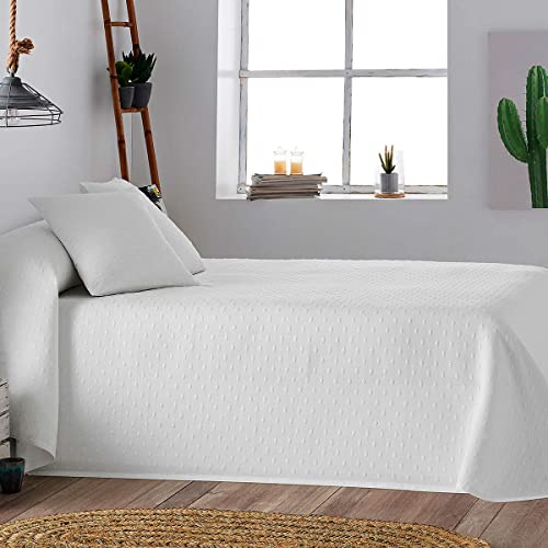 Lanovenanube Colcha Capa Piqué diseño Topos, Tacto algodonado y Suave, Cubrecama Moderno y Elegante de Tejido Fino, para Primavera o Verano. Incluye 2 Fundas de Cojín - Cama 160 cm - Color Blanco