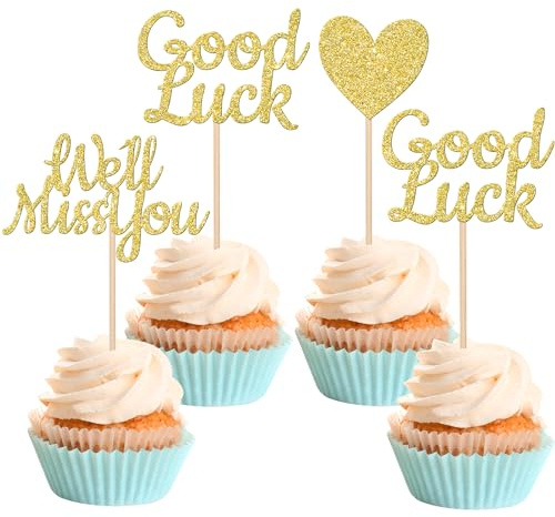 SYKYCTCY 24 Pack We Will Miss You Cupcake Toppers Glitter Red Love Heart Good Luck Cupcake Picks Retirement Theme Going Away Party Cake Decorations Gold