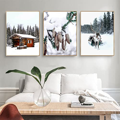 Martin Kench 3er Poster Set, Winter-Schneelandschaft Bilder, Tannenzapfen, Elch, Holzhaus, Wald Wandkunst Wandbilder Modern Wanddeko für Wohnkultur, ohne Rahmen (21x30cm)
