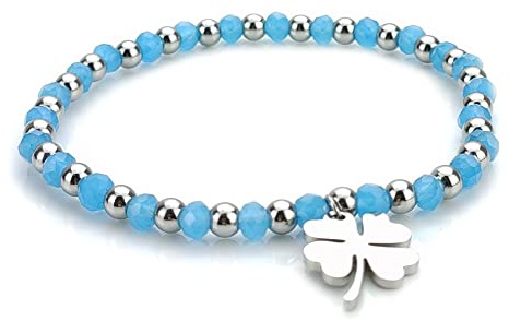 SAGA GIOIELLI® Bracciale Donna Cristalli Quadrifoglio Portafortuna Acciaio (TURCHESE)