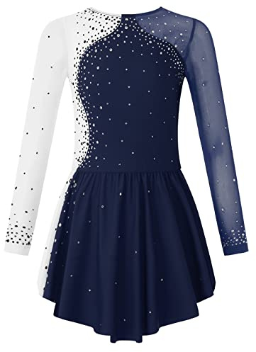 dPois Abito da Pattinaggio Artistico Bambina Paillettes Glitter Leotards Vestito Danza Classica Body da Ballo Manica Lunga Latino Jazz Samba Rumba Balletto Danza Moderna Blu Scuro I 11-12 Anni