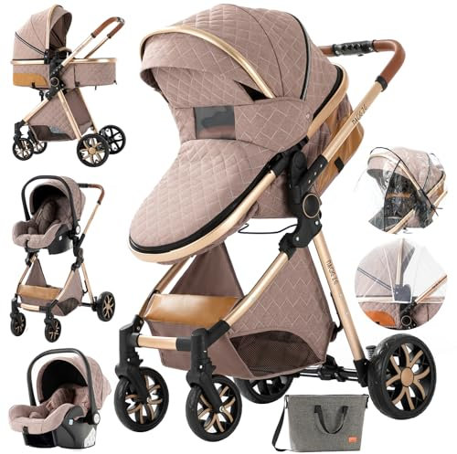 MoLi Kinderwagen 3 in 1, Kinderwagen Set Umkehrbarem Doppelschiebemodus, Kombikinderwagen 3 in 1 Großer Bequemer Babywanne, Buggy Rahmen Aluminiumlegierung Faltbar Hohe Landschaft (225 Khaki)