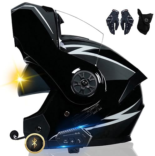 Bluetooth Motorradhelm, Vollvisierhelm mit 2 Fahrern Helm Bluetooth Intercom DOT/ECE Genehmigt, Leicht, Klapphelm mit Doppelvisier, Modularer Helm für Erwachsene Männer Frauen S~XL