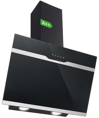 SNDOAS Angled Cooker Hood 60cm, Class A++ Kitchen Extractor Fan, 350m³/h, 3-Speed, Black Painting & Tempered Glass Wall-mounted Extractor Fan Kitchen, Recirculating & Ducting Modes, LED Lights