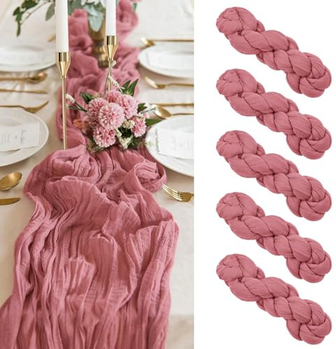 Pesonlook Lot de 5 chemins de Table en étamine Rose poussiéreux, Chemin de Table en Gaze de 10 Pieds, Chemin de Table en Tissu Semi-Transparent pour réception de Mariage, Mariage Rustique bohème