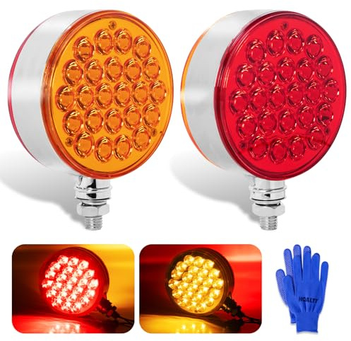 HQALTY 2PCS 4inch Round Double Face Light 48LED Pedestal Fender Lights Red/Amber Brake Signal Light w/Stud Mount 10V-30V Mark Lights, DOT Certificated