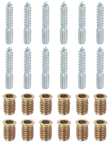 uxcell M8x50mm Hanger Bolts, 12pcs 31mm Wood Dowel Screw Self-Tapping Screw with 12pcs M8x20mm Threaded Insert Nuts Interface Hex Socket Drive, for Joint Furniture Legs