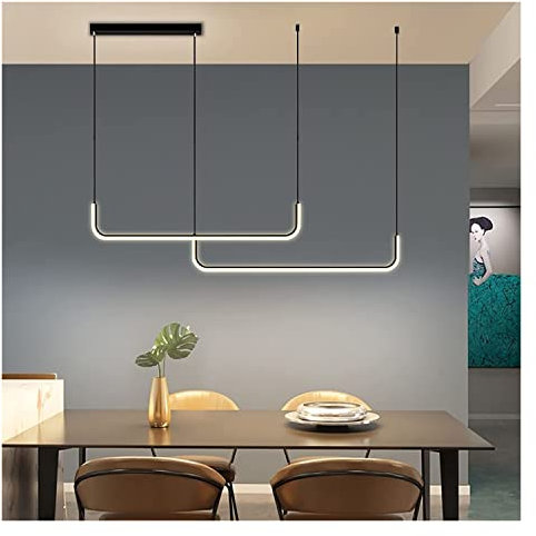 Modern Pendelleuchte Moderne, minimalistische, lineare Kronleuchter, Kücheninsel, dimmbare LED-Pendelleuchte, höhenverstellbar, hängende Deckenleuchte for Esstisch, Frühstücksbar, Wohnzimmer(Black- 3