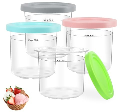 Nepfaivy Ice Cream Tubs for Ninja CREAMi - 4 Pack Creami Tubs Compatible with Ninja CREAMi Ice Cream Maker NC300UK NC300UKCP NC299AMZ, BPA-Free & Dishwasher Safe Containers with Color Lids
