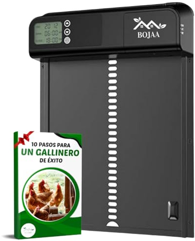Puerta automática para gallineros de Aluminio con Temporizador programable + EBOOK Gratuito | Funciona con Pilas | Puerta Trampa Anti-pellizcos | Pantalla LCD Resistente al Agua
