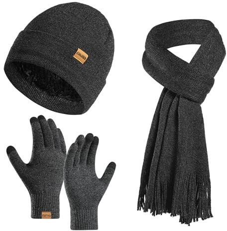 Enwokran Wintermütze Touchscreen Handschuhe Lang Schal Set Unisex Beanie Mütze Fleece Warme Haube Winterschal Kaschmir Strickmütze Strickschal mit Fleece Gefütterte Thermo Handschuhe (Dunkelgrau)