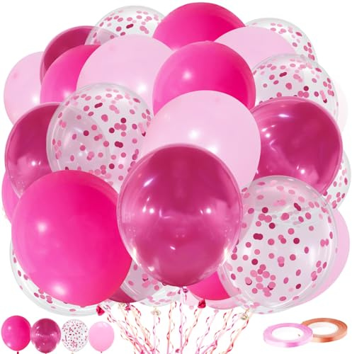 Luftballons Rosa Roségold Set, 60 Stück Hot Pink Metall Heiße rosa Latex Ballons mit Konfetti Ballon für Mädchen Frau Geburtstag Hochzeit Baby Party Dekorationen