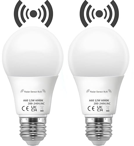 Vanpus Motion Sensor Light Bulb,E27 LED Light Bulb,12W Cool White Pack of 2 | Dusk to Dawn Light Bulbs, 2700k,Auto On/Off Radar Sensing Bulb,Garages, Corridors, Courtyards, etc