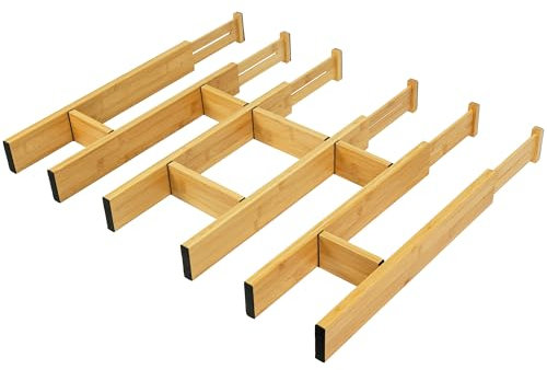 EcoFives Adjustable Bamboo Drawer Dividers with Inserts, Expandable Spring-Loaded Drawer Organizer for Kitchen, Clothes, Tools, Silverware, Bamboo Organizer Separators - 6 Large Pieces