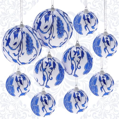 Yatinkim 10 Pcs Blue and White Christmas Baubles Chinoiserie Blue Christmas Decorations Baubles Assorted Handmade Decorative Fabric Balls for Xams Tree Xmas Wreath Party Supplies