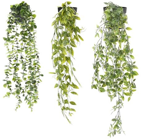 Zequech 3-Piece Set Simulation Hanging Potted Plants - Mandragora (80cm), Pea (65cm), Eucalyptus (56cm) - Faux Greenery Decor for Indoor/Outdoor, Home, Office, Patio