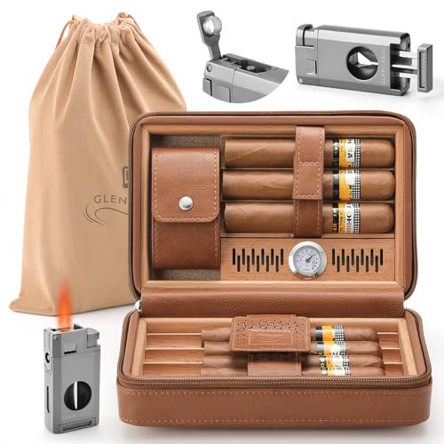 GLENCREAG Portable Travel Cigar Humidor Case, Leather Cedar Wood Lined Cigar Case with V Cutter & Torch Lighter, Built-in Hygrometer & Humidifier, Velvet Storage Bag, Upgraded Tight-Seal Edge