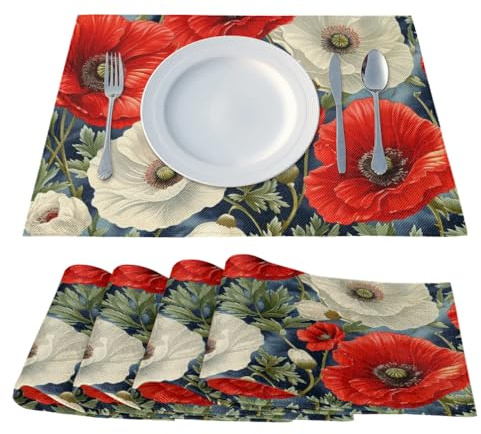 Red Opium Poppies Placemats Set of 4 Heat Resistant Place Mats 12x18 Washable Table Mats Set Non-Slip Linen Table Placemat Kitchen Dining Table Runners for Tabletop Decoration