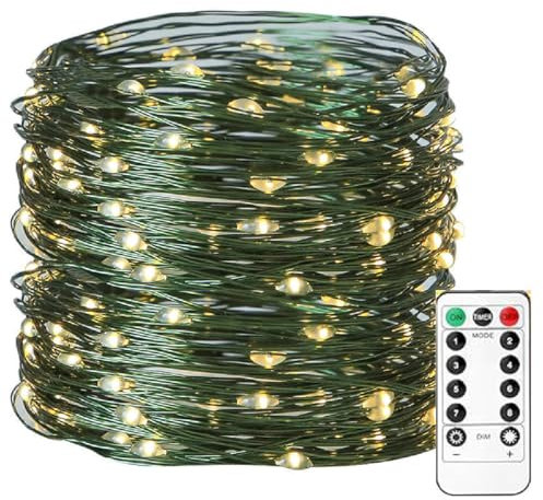 LED Waterproof Fairy String Lights with Remote,LED Lichterkette aus Grün Kupferdraht mit Fernbedienung,Weihnachtsbaum Lichterkette Außen,8 Modi Wasserdicht für Hochzeit Party Garten (20M-Warm)