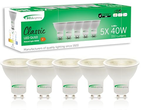BELL Lighting GU10 Dimmable LED Spotlight Bulbs 4.4W 350lm 4000K 5 Pack | Dimmable GU10 LED spotlight bulbs with 4000K natural white light, 350lm output and 38 degree beam for downlights.
