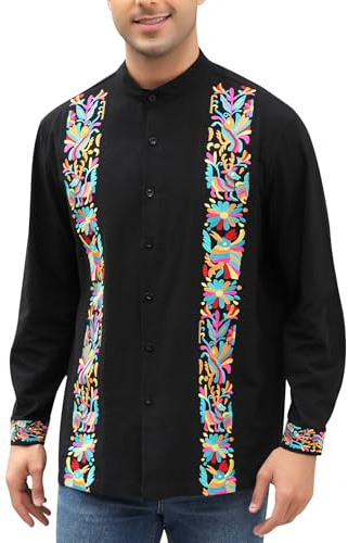 Mexican Guayabera Shirts for Men Embroidered Traditional Fiesta Mandarin Collared Long Sleeve Button Up Cinco De Mayo Formal Clothing Style Man Mexico Camisa Hombres Guayaberas Day of The Dead Black