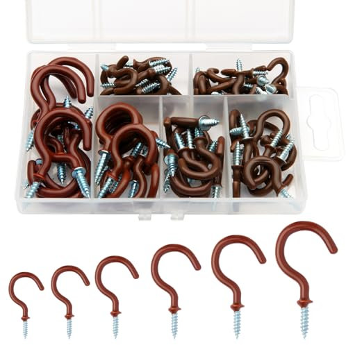 75 ganchos marrones para colgar en el techo, ganchos de techo de metal, ganchos de pared multiusos con revestimiento de vinilo, ganchos de pared para colgar plantas, tazas, utensilios, luces y para