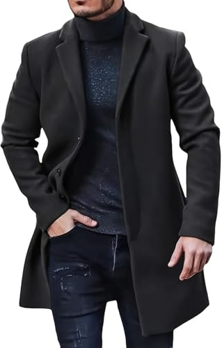 Felcia Mens Trench Coat Mid Length Classic Regular Fit Single Breasted Wool Blend Overcoats Casual Business Peacoat (A-Black, L)
