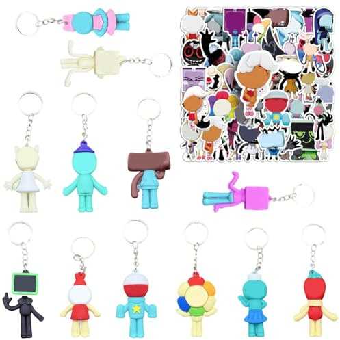 CYGMRFH Cartoon-Figur Schlüsselanhänger Set mit 12 Figuren und 50 Aufklebern Deko Geschenk für Kinder Jungen Mädchen Party Füller PVC Sticker Anime Schlüsselringe Zubehör Set