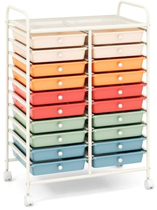 COSTWAY Rollwagen mit 20 stapelbaren Schubladen, Schubladenwagen, Rollcontainer mit Metallgestell und Ablagefläche, Badrollwagen Beistellwagen für Büro, Wohnzimmer (Macaron)