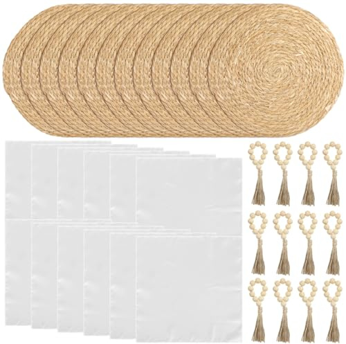 36-Piece Wicker Placemat Set, 12 Wooden Bead Napkin Rings, 12 Satin Napkins, 12 Handwoven Burlap Coasters, Round and Oval Designs, Ideal for Home Dining and Special Occasions