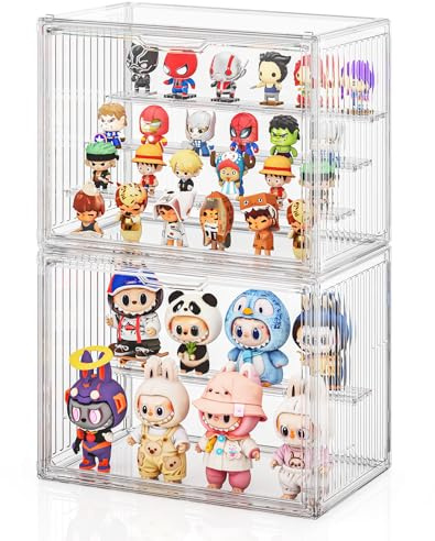 JOYZAN Acrylic Display Cases for Collectibles 2 Packs 4 Layer Adjustable Clear Figure Display Case with Magnetic Door Stackable Collectible Display Box with 3 Movable Plates Blind Box Case - Large