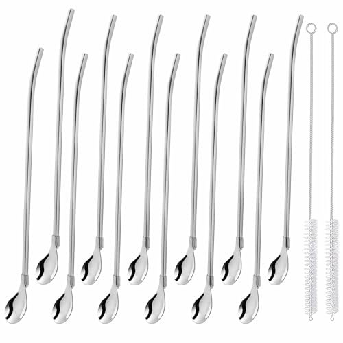 12 Stück Edelstahl Trinkhalm Trinkhalmlöffel lang Löffelstrohhalme Wiederverwendbare Löffelhalme Metalllöffel mit 2 Stück Strohhalm Reinigungsbürste für Smoothies, Milchshakes, Cocktail, Kaffee
