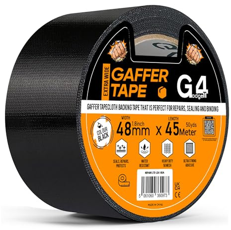 G4GADGET Gaffer Tape Black - 48mm x 45m (1 Roll) - Heavy Duty Duct Tape, Waterproof Adhesive Cloth Tape, Tear-Resistant and Multi-Purpose for Indoor Outdoor Use