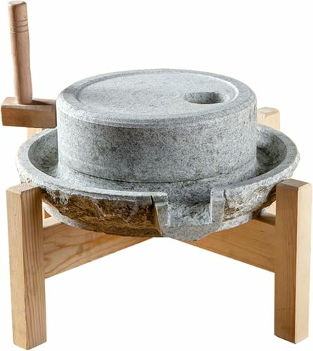 Natural Granite Handmade Stone Mill/Grinder Manual Home Vintage Hand Mill with Wooden Stand for Grains, Dry/Wet Grinding