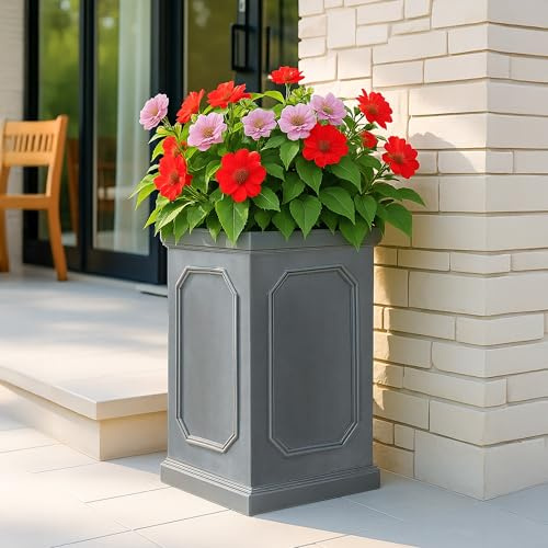 IDEALIST Large Plant Pots 64cm Tall Planter, Faux Lead Reinforced Stone 62L | 1 Pack, L31 W31 H64 cm, Large Size, Chelsea, Drainage Holes, Frostproof, Lightweight