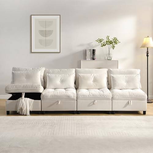 Terahanda Cloud Modulares Sofa 4-Sitzer Modulares, zerlegbares Sofa-Set: Frei konfigurierbar + Stauraum unter Allen Kissen + Schlaffunktion + Chenille-Stoff (Beige)