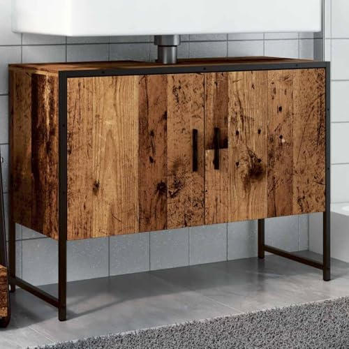 Frdhee Armoire de salle de bain étroite - Aspect bois vieilli - 80 x 33 x 60 cm - Lavabo sur pied - Pour salle de bain, salon, salle à manger, cuisine